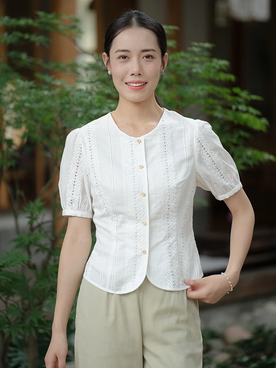 

Новая летняя женская блузка из чистого хлопка с вышивкой, модная, художественная, универсальная, с эффектом утяжки на талии, белая