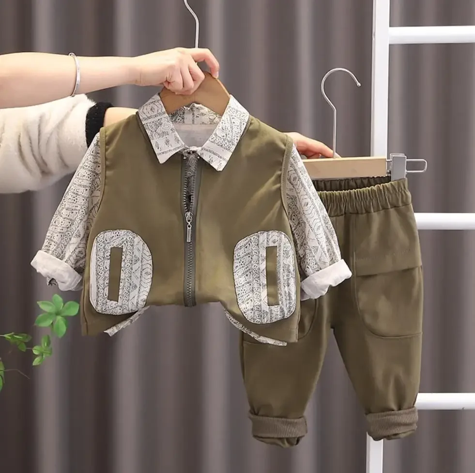 

Korean Style Kids Toddler Sets 1 To 2 Years Patchwork Pocket Cargo Vest+Printed Shirt+Pants 3Pcs Infant Outfit Baby Boys Clothes