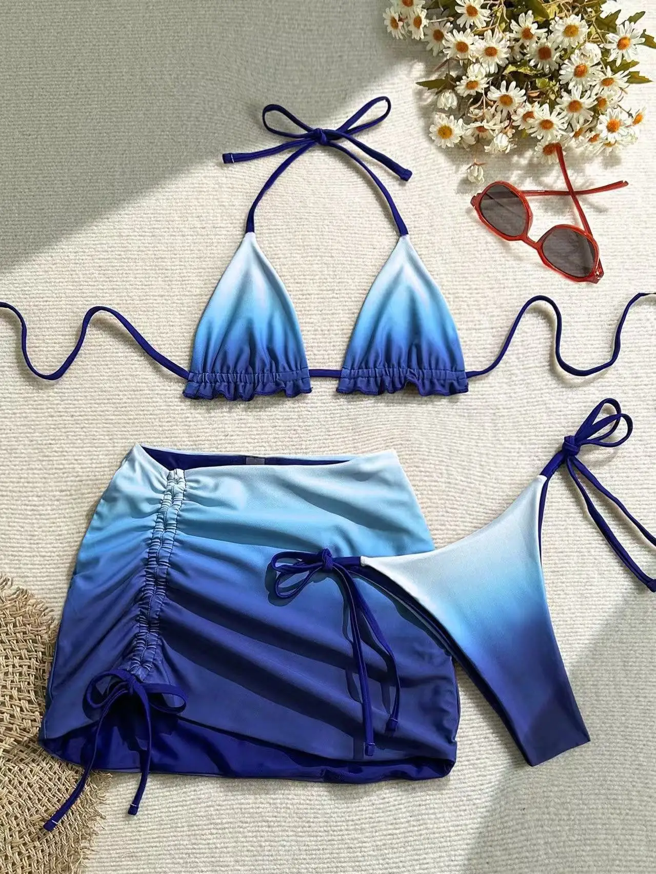 

Blue Ombre 3 Piece Bikini Set Halter Neck Top High Waist Skirt & Bottom Beach Cover Up Dress Halter Open Back Skirt Sundress Set