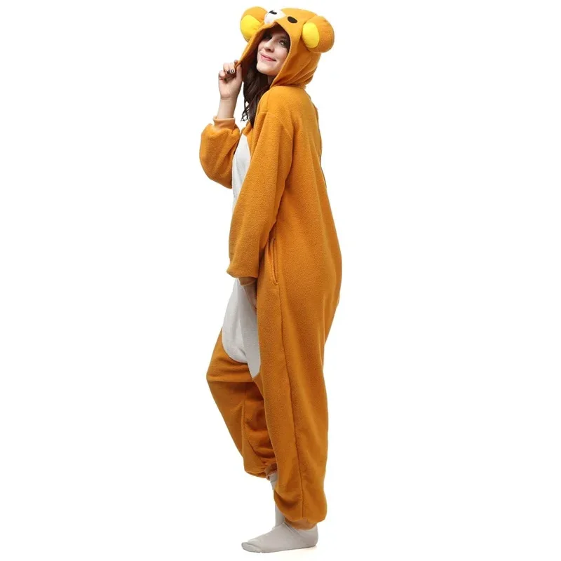 성인 폴라 플리스 Kigurumi Rilakkuma 코스프레 의상 동물 Onesies 잠옷 할로윈 카니발 가장 무도회 파티 점프 슈트