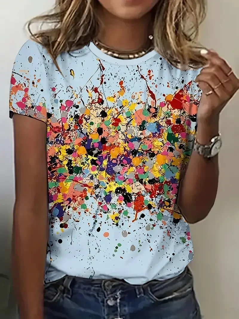 

Summer Women's T Shirt Colorful Abstract Print O Neck Casual Short Sleeve Tees Female Overszied Clothing Fashion Street Pullover