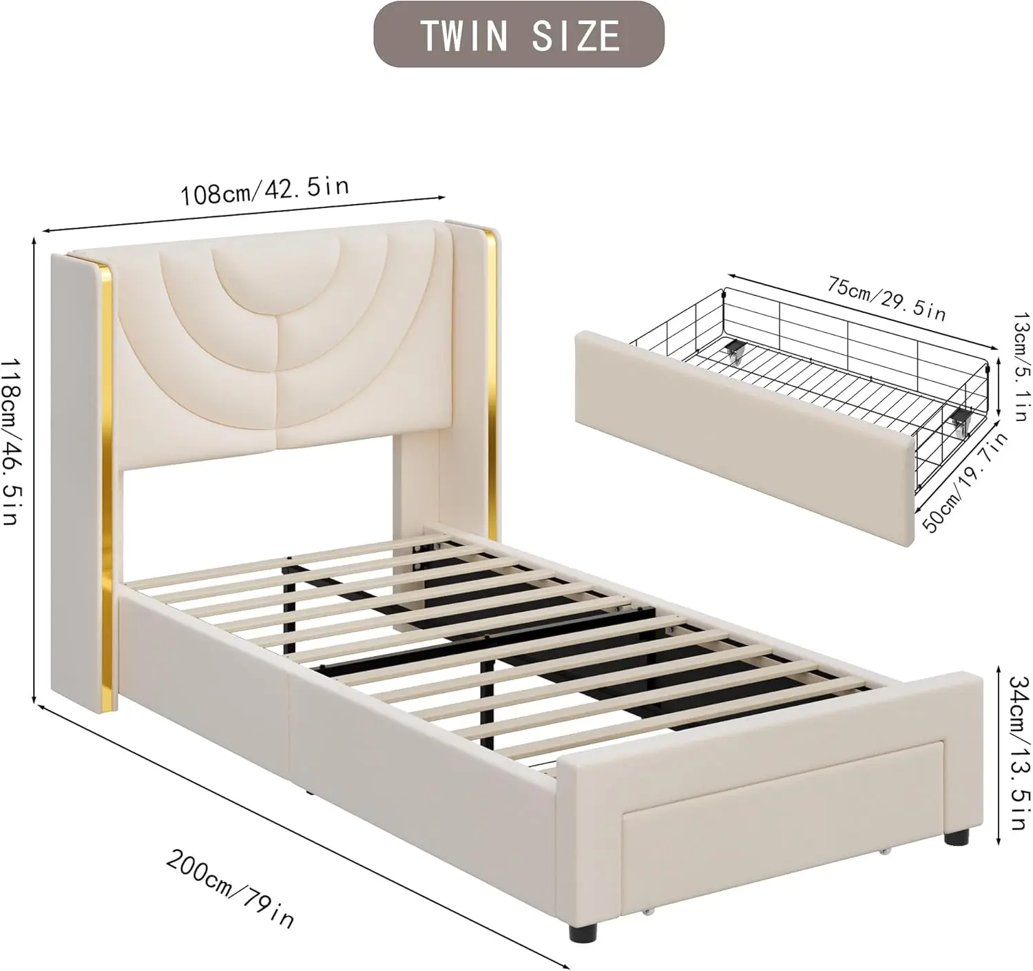 Twin gestoffeerd LED-bedframe met opberglade, fluwelen kinderbed met vleugelrughoofdeinde, Princess Twin-platformbed voor meisjes