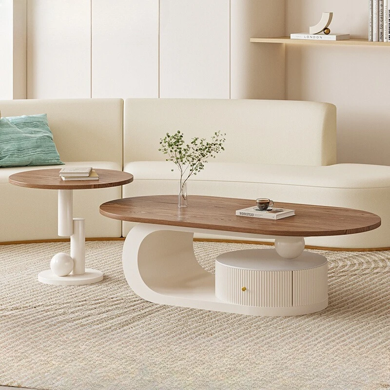 

Medieval cream wind solid wood coffee table living room household small apartment new wabi sandy wind oval tea table modern and