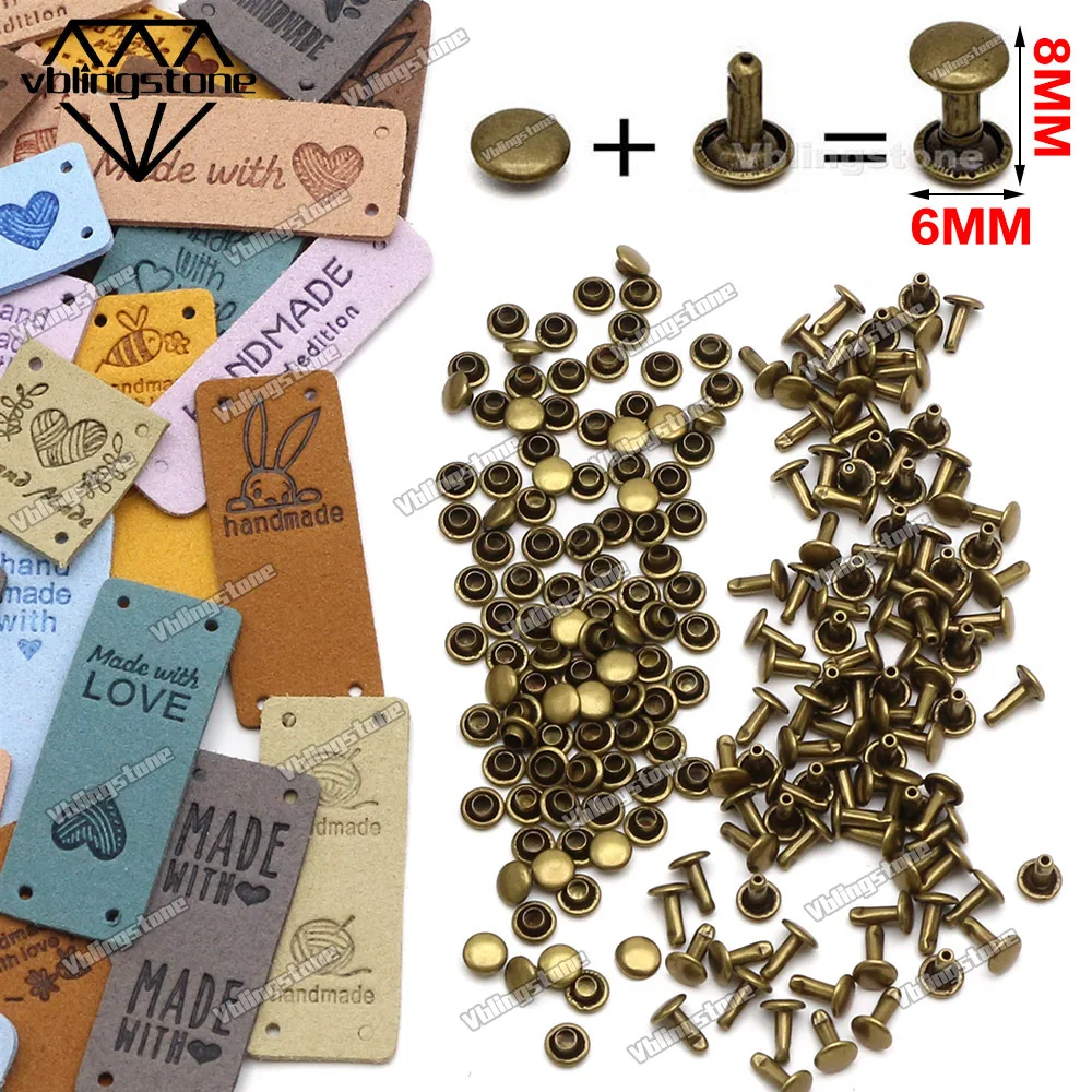 Leather Label Sets Handmade Labels for Clothes Embossed Tags Label with 6x8MM Metal Double Cap Rivets Stud Sewing Accessories