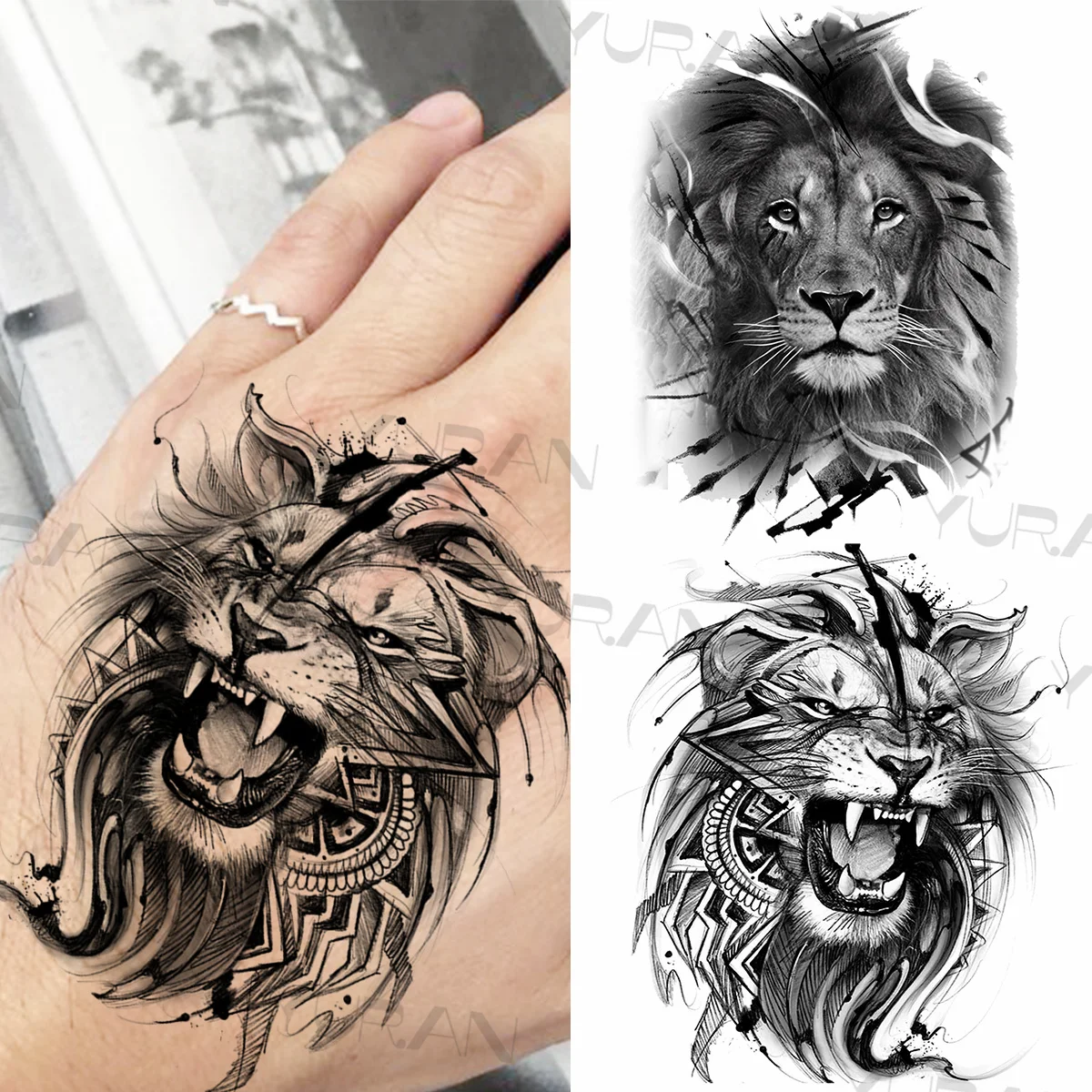 Black Lion Temporary Tattoos For Women Men Realistic Tiger Geometric Rose Flower Fake Tattoo Sticker Arm Body Tatoos Armband