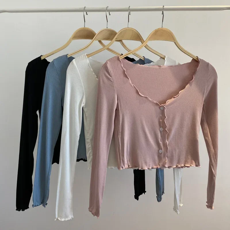 

Nice Thin Knitted Shirt Women's Slim Crop Top Single Breasted V-neck Cardigans Ladies Casual Skirt Shawl Solid Elegant Sunscreen