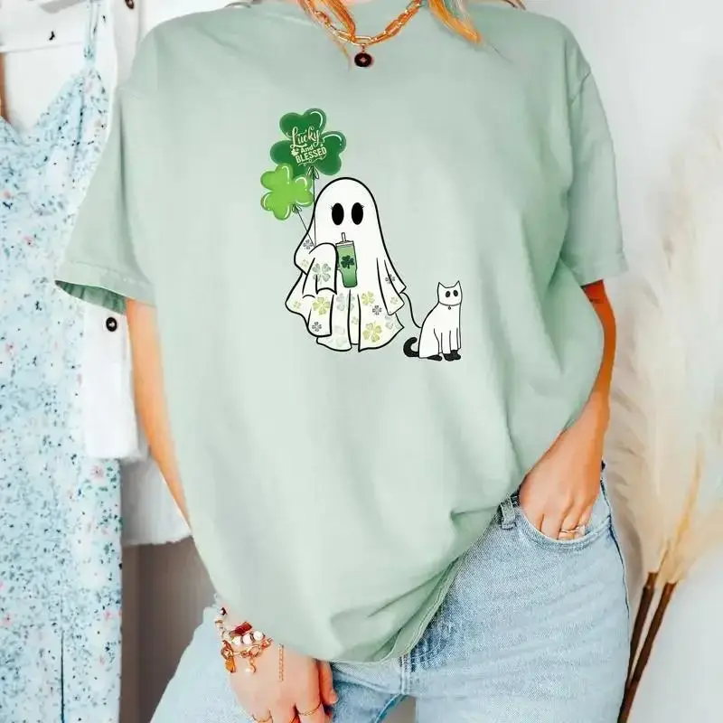 Ghost St Patricks Day T Shirt Cat Lucky Sweater Lover Shamrock Irish Saint Longsleeve
