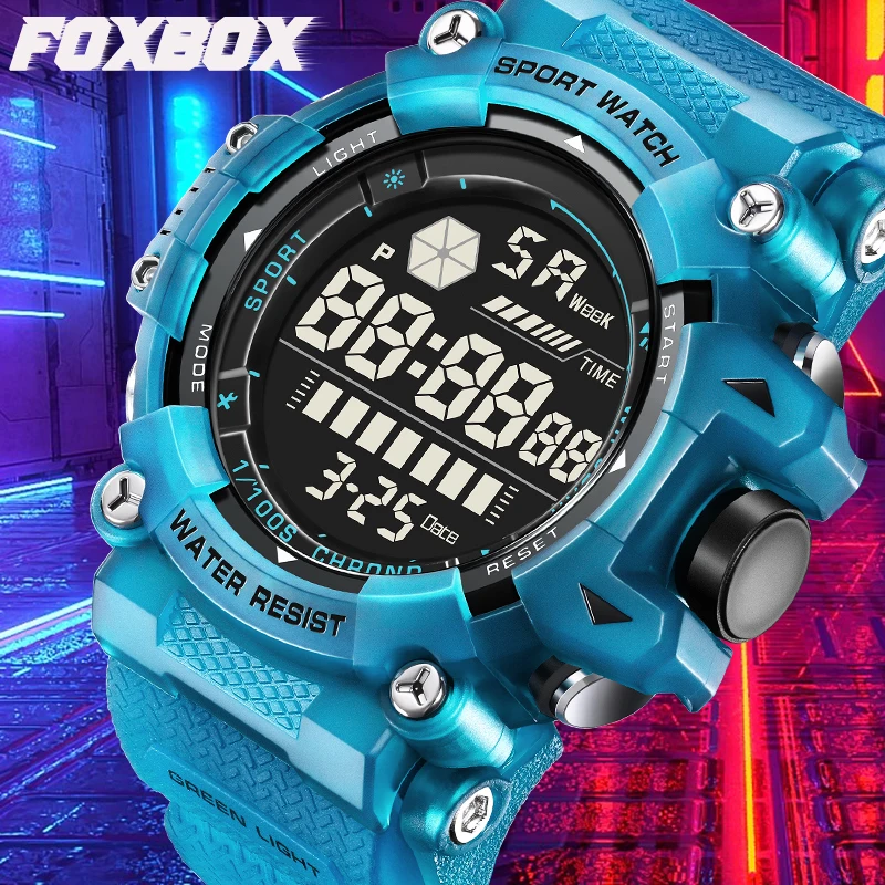 FOXBOX Sport Electronic Man Watch Dual Display Casual Outdoor Fashion Waterproof Alarm Week Military Digital Watches for Men+Box