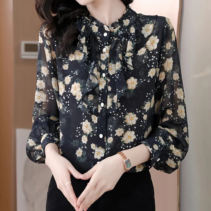 Temperament Floral Thin Blouse Long Sleeve Ruffles Chiffon Loose Printing Shirt Tops Elegant Vintage Women Clothing Summer New