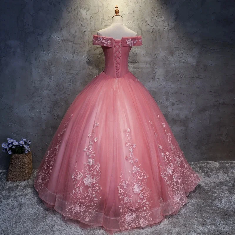 Luxury Exquisite Appliques Ball Gown Quinceanera Dresses Sweet 16 Party Formal Off-Shoulder Pink Floor-length Masquerade Celebri