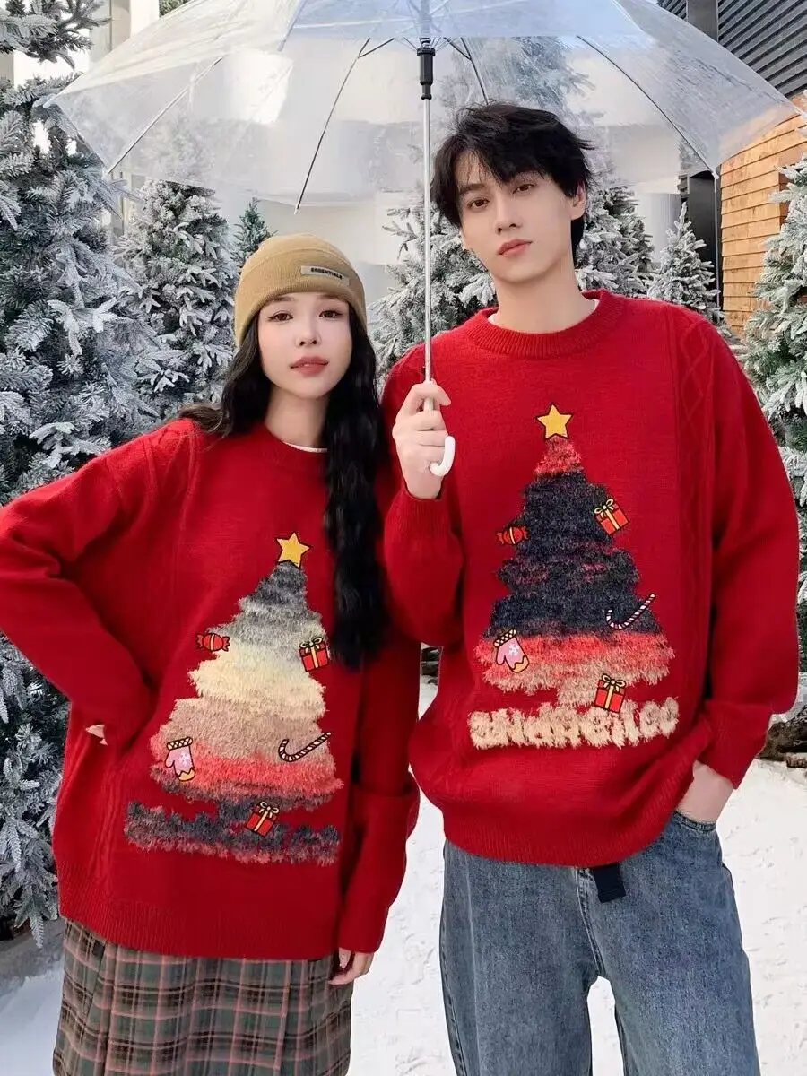 Christmas Couple Outfits Autumn and Winter 2024 Red Cartoon Christmas Tree Loose and Cute Sweater Outfit