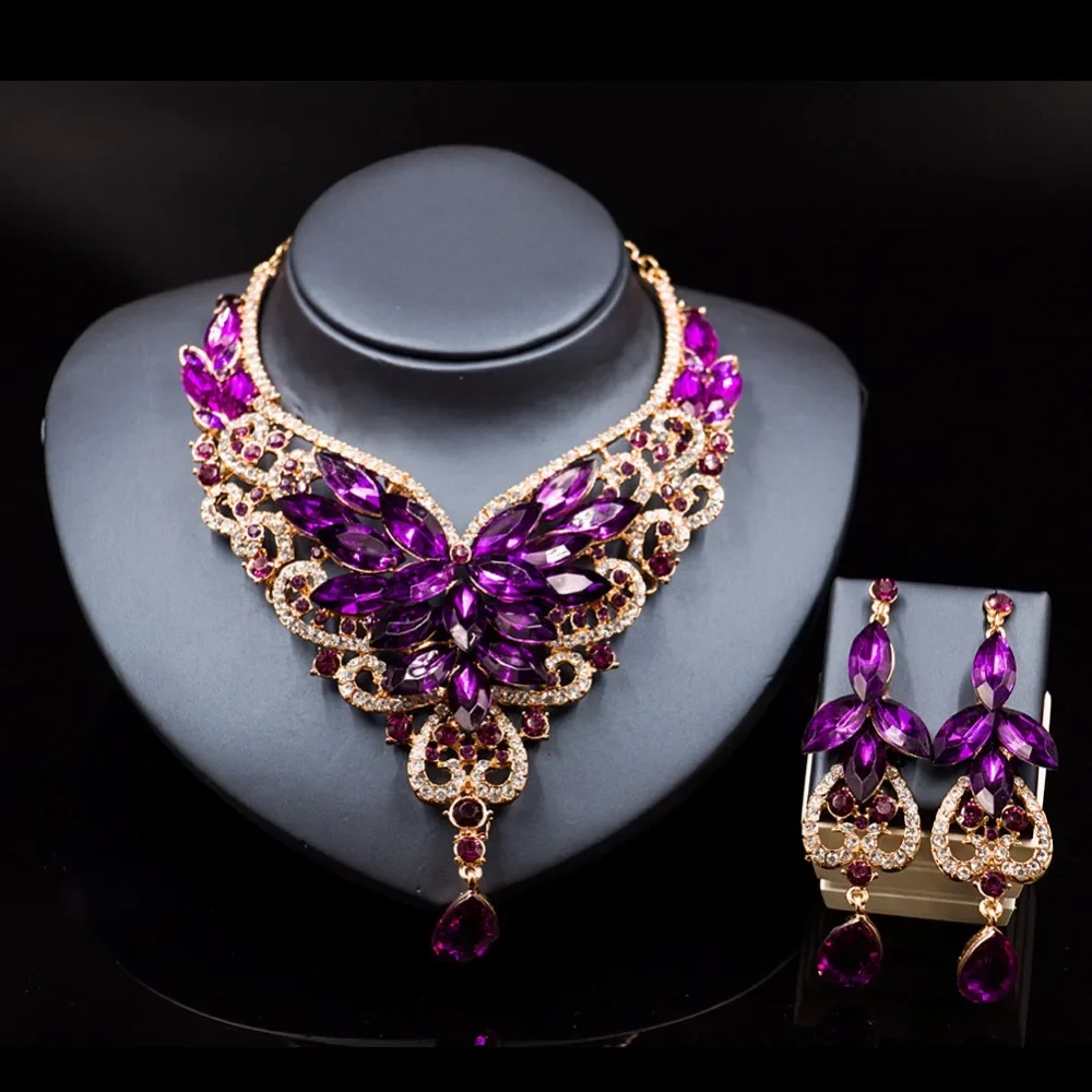 Fashion crystal-jewelry kolye vintage crystal jewelry Flower Statement Necklace earings For Women nigerian wedding african