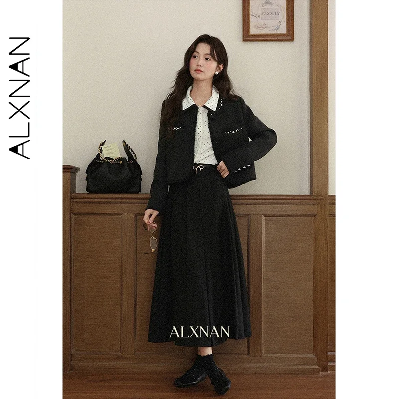 ALXNAN Women's Black Pleated Midi Skirt High Waist Fashion Office Lady Skirts Vintage Fall Flowy A-line Long Skirt Female L57025