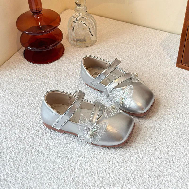 

Butterfly Girls Princess Shoes Spring Autumn Solid PU Flats Shoes For Kids Hook Loop Soft Non Slip Children Party Shoes