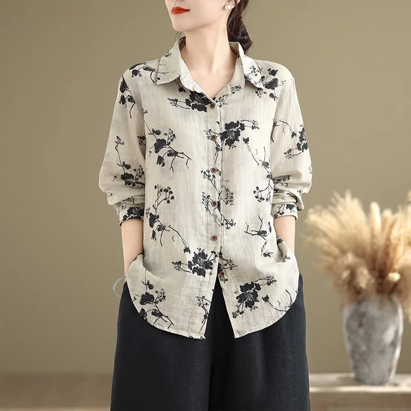 الرجعية الفنية طباعة القطن الكتان طويل Sve irt المرأة عادية فضفاض العمر-Defng ربيع الخريف جديد Sle الأعلى