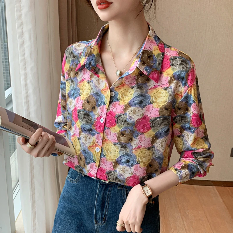 Women Spring Korean Fashion Loose Printing Silk Polo-Neck Long Sleeve Shirts Women Clothes Casual All-match Appear Thin Tops