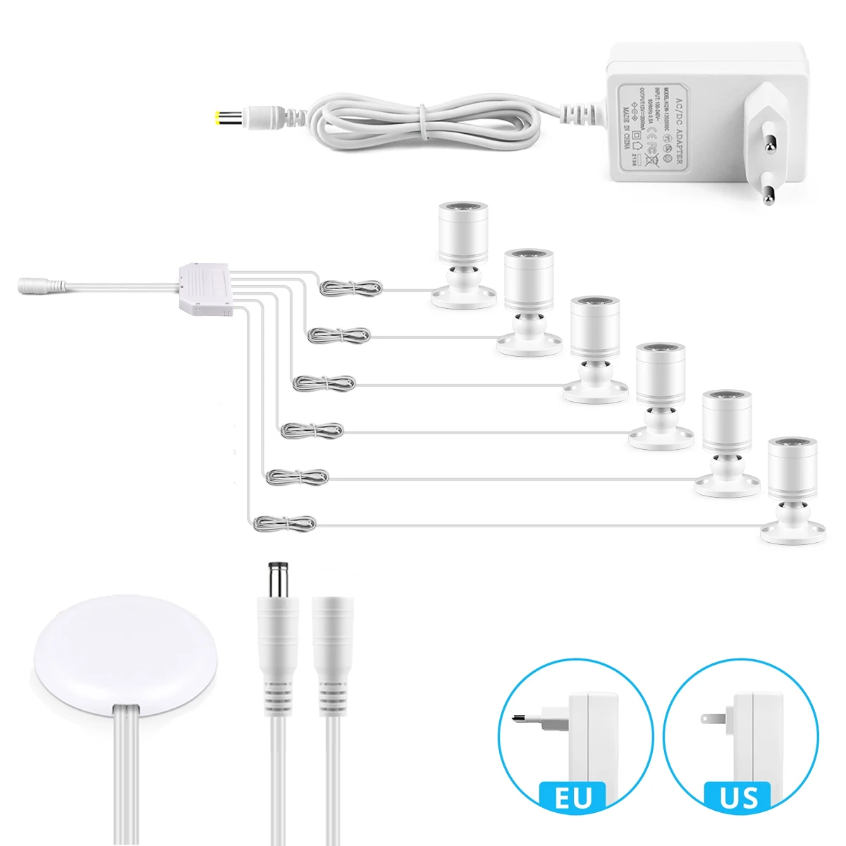 12v LED Downlight Wall Decor Light 1-6pcs Aluminum Mini Spotlight with Hand Waving Induction and Touch Dimming Swtich,EU/US Plug