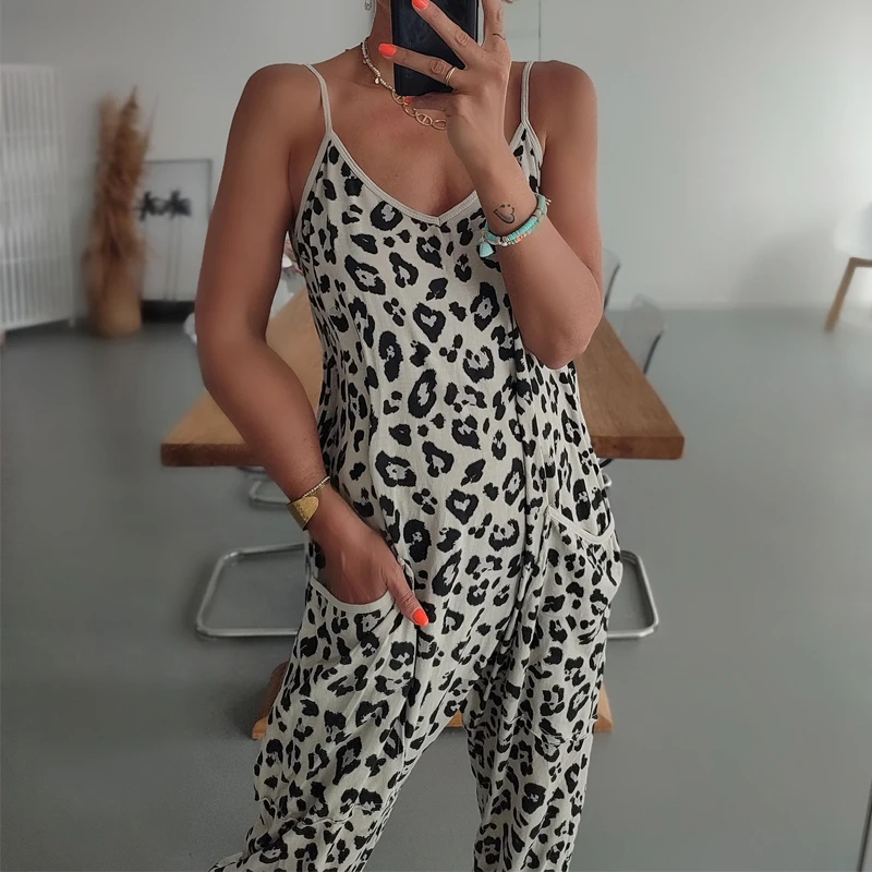 Fashion Ladies Leopard Print Stray Overall Lady Casual V-neck Pockets Long Jumpsuit Chic Women Beach Summer Slim Romper 2023