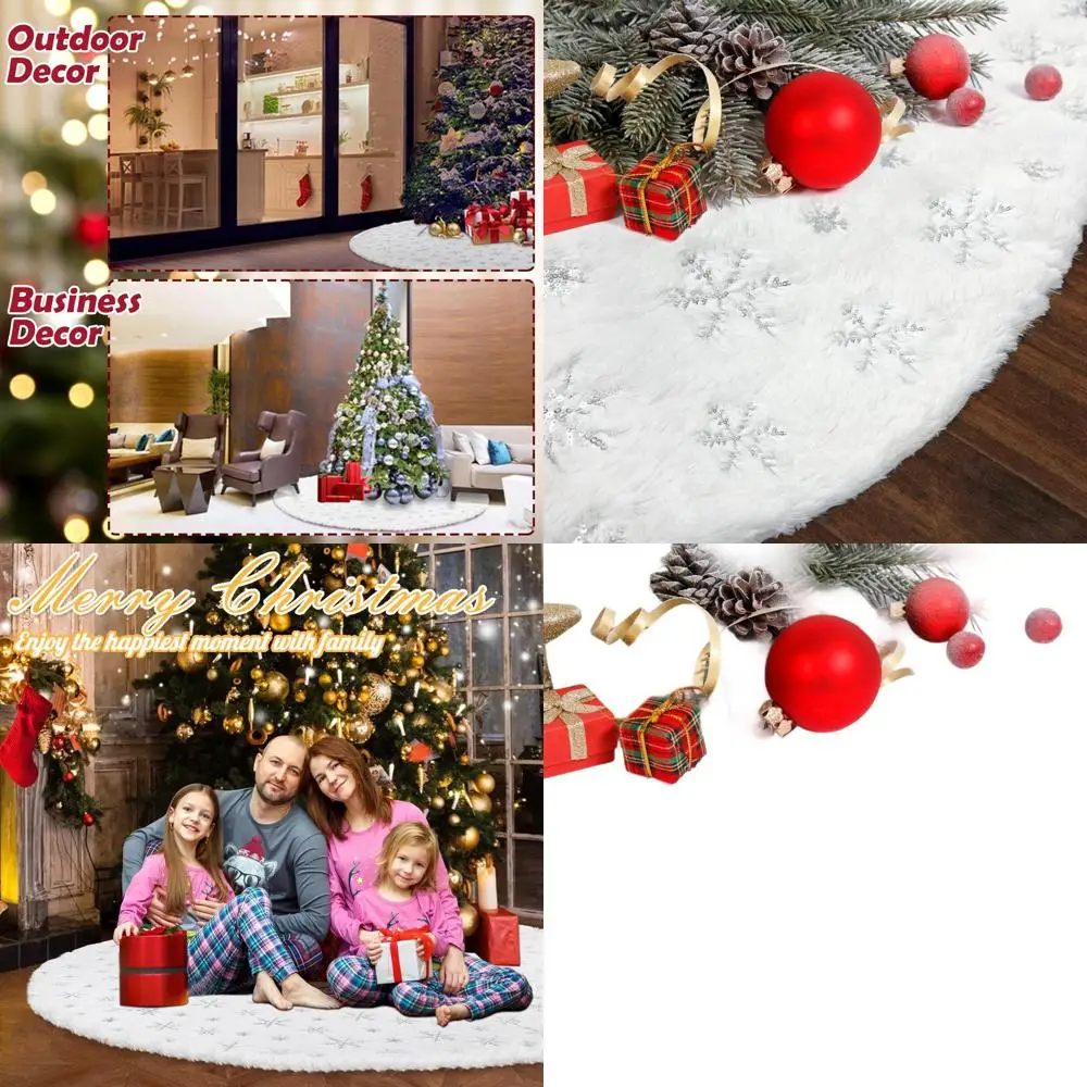 

84-дюймовая большая юбка для рождественской елки для деревьев от 7,5 до 15 футов, серебряная снежинка и белые украшения из искусственного меха для дома, рождественский коврик или