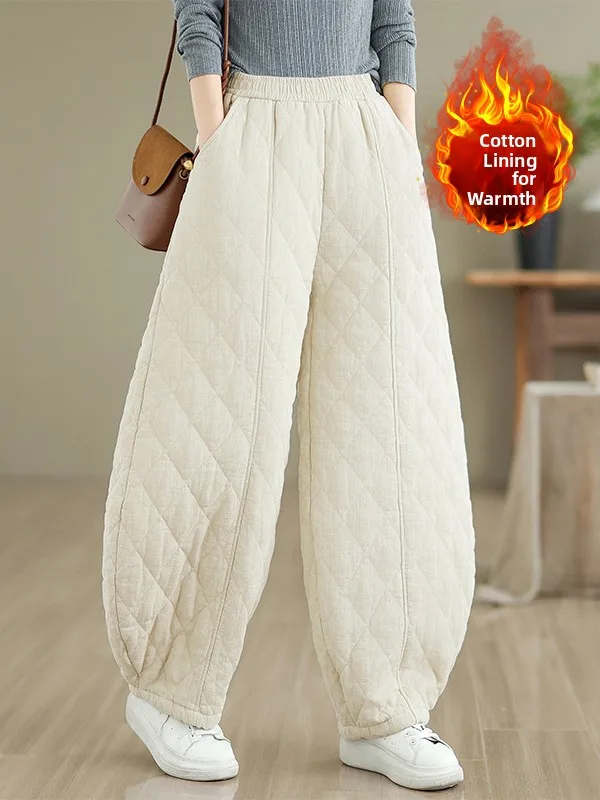 الرجعية الشتاء القطن الكتان السراويل كبيرة الحجم الملابس النسائية مبطن الماس نمط الدافئة فانوس السراويل ملابس خارجية