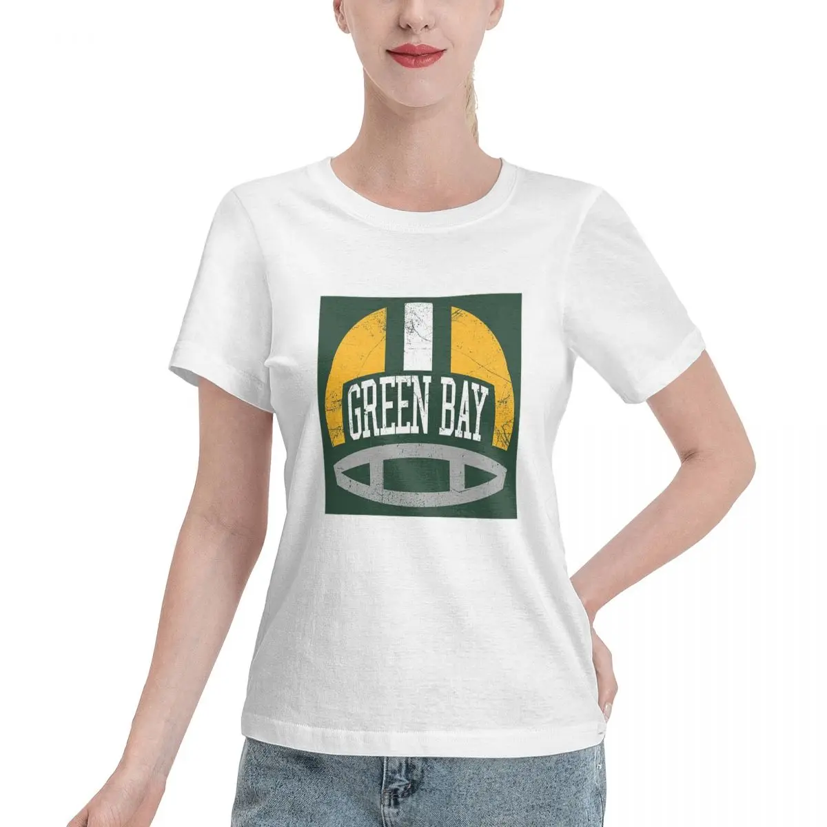 

Green Bay Ретро-шлем - зеленая футболка Женские футболки с короткими рукавами Одежда с круглым вырезом Хлопковые летние футболки Уличная одежда