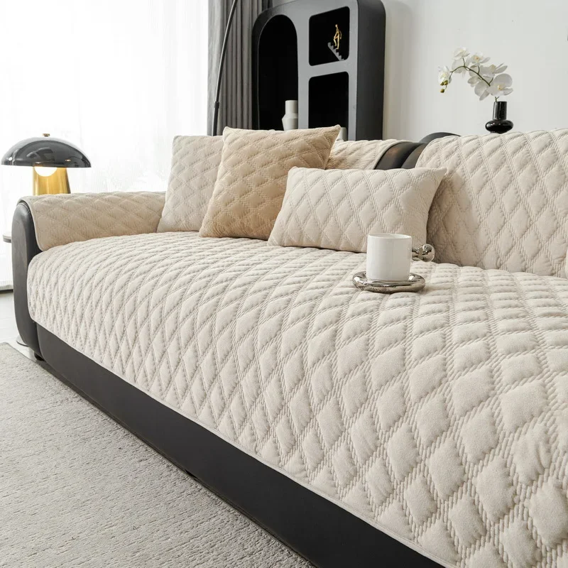Diamond Quilted Thickened Grey Crystal Velvet Sofa Cushion Cover, Winter Warm Non-Slip Couch Protector Pad Home Decor 1pc