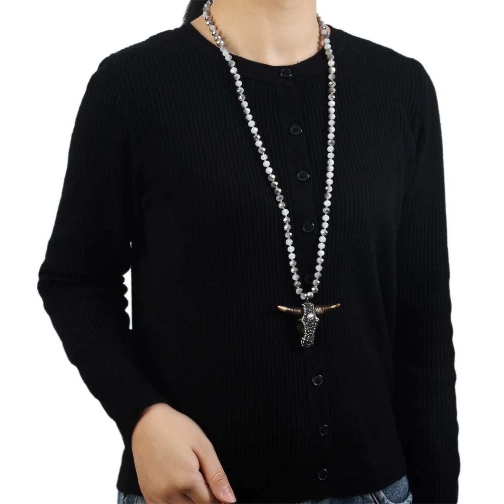 Fashion Bohemian Tribal Jewelry 5X8 Glass Crystal Handmade Paved Bull Head Charm Necklace