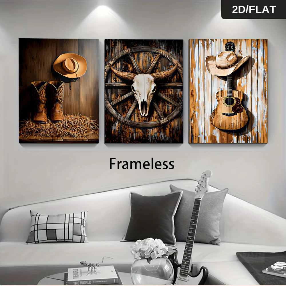 1 set of Western cowboy style cow head bone guitar cowboy boots triple living room foyer frameless decorative painting 2D plan