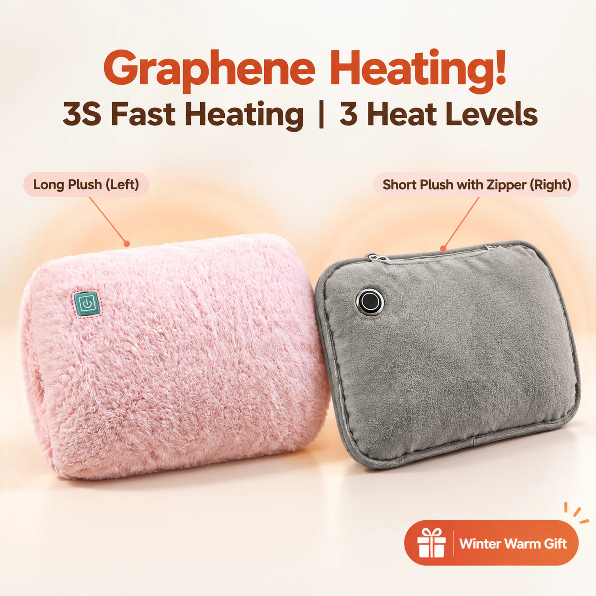 Electric Hand Warmer Plush USB Reusable Fast Heating 3 Level Winter Warm Pocket Hand Warmer Explosion-Proof Warm Bag Pink Grey