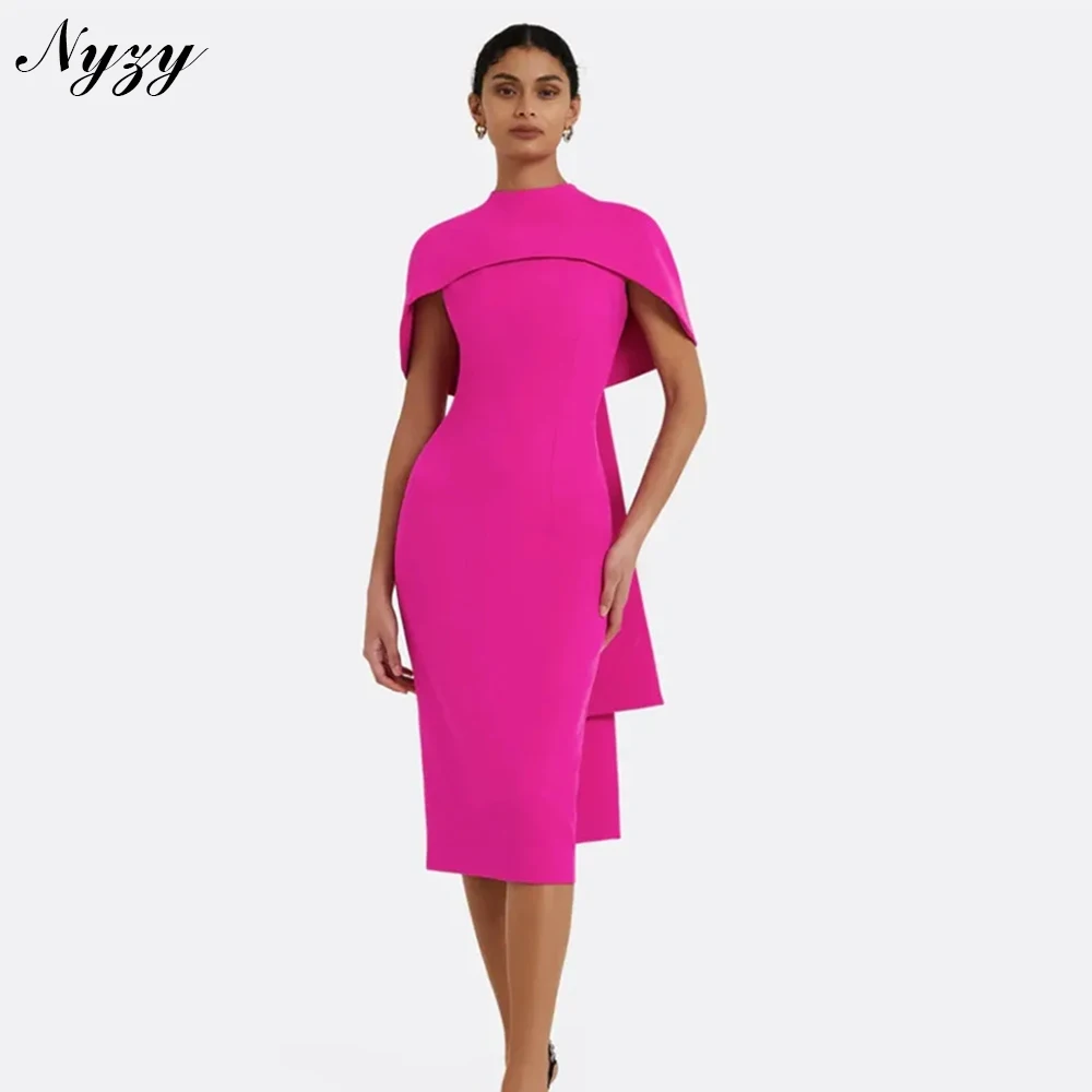 

NYZY M519 Couture Simple Wedding Party Dress Short Evening Gowns Cape Sleeves Mother of the Bride Dresses Fuchsia