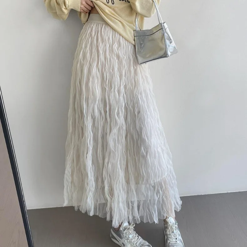 2026 Women's Spring New Trendy Loose Casual Pleated Long Skirts Female High Waist Wrinkles Elegant Beach Vacation Skirts