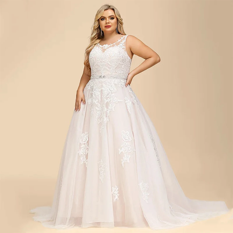 

Graceful Plus-Size Wedding Dress Organza With Embroidery A-Line Floor Length Ballgown Sleeveless O-Neck Customized Bride Dress