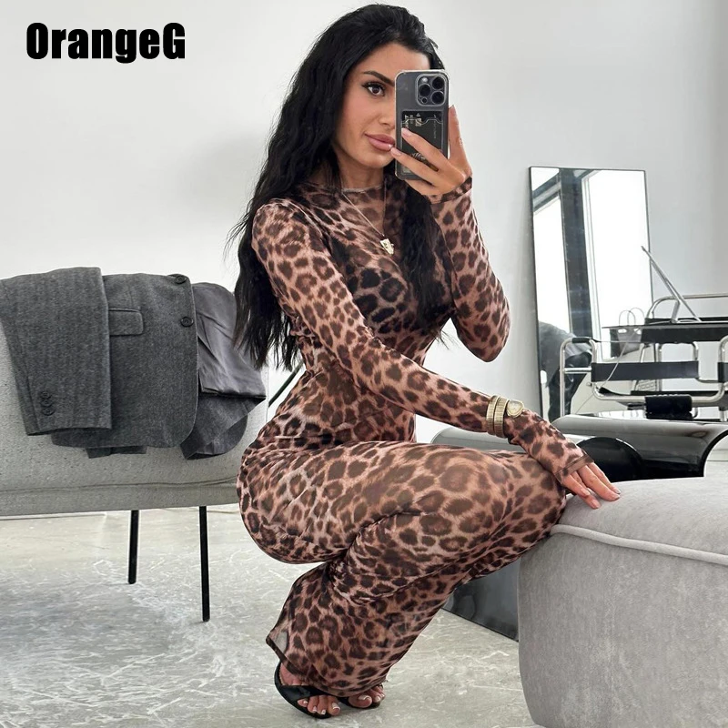 OrangeG Leopard See-Through Long Pencil Dress Women Crew Neck Stretchy Full Sleeve Elegant Perspective Clothes New Arrivals