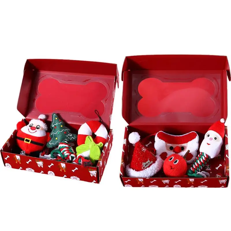 

Xmas Pet Dog Plush Interactive Chew Toy Santa Squeak Plush Toys with Rope pet dog Christmas dress up gift box Teething Toys