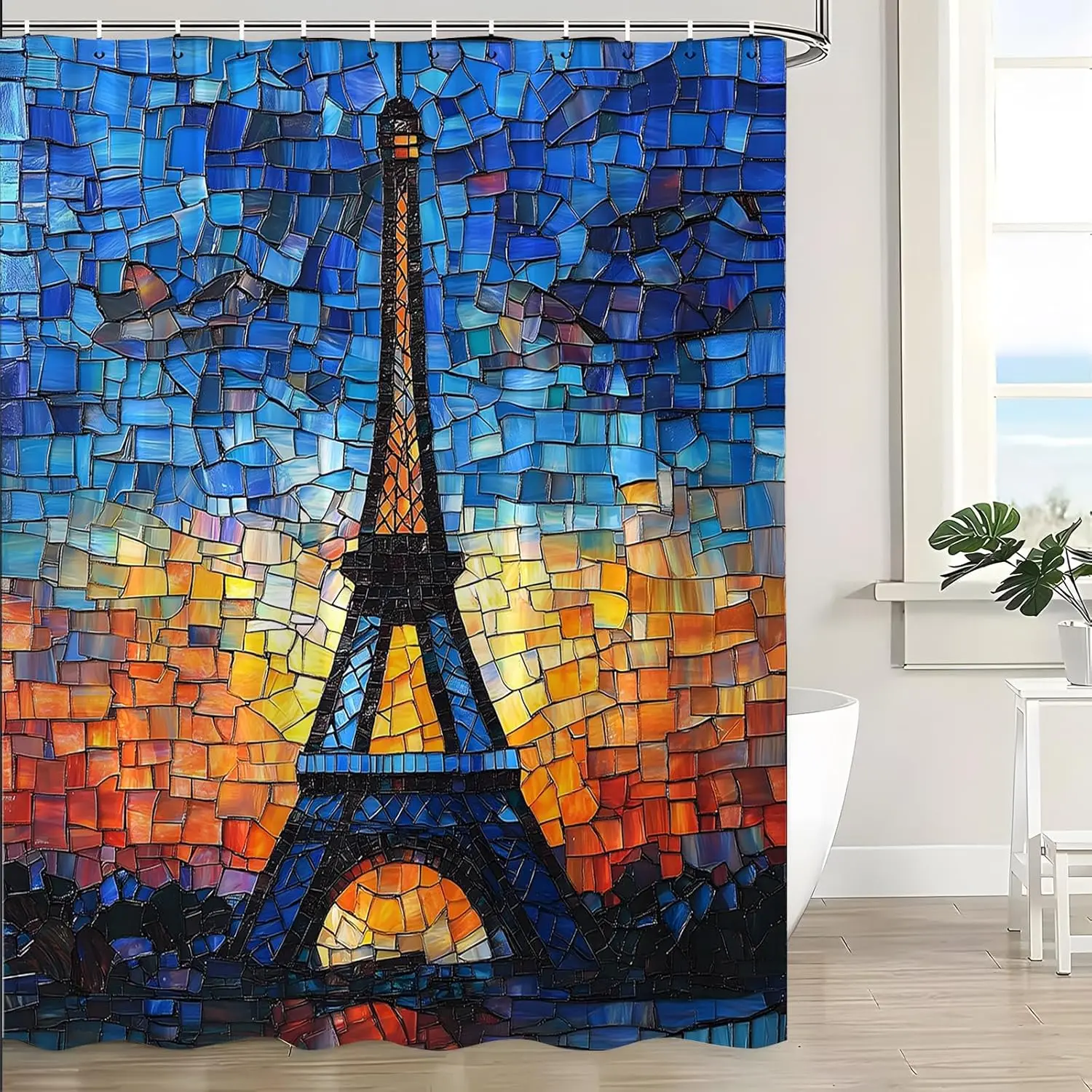 

Eiffel Tower Shower Curtain Stained Glass Blue Orange Abstract Art Modern Romantic European Paris City Architectural French