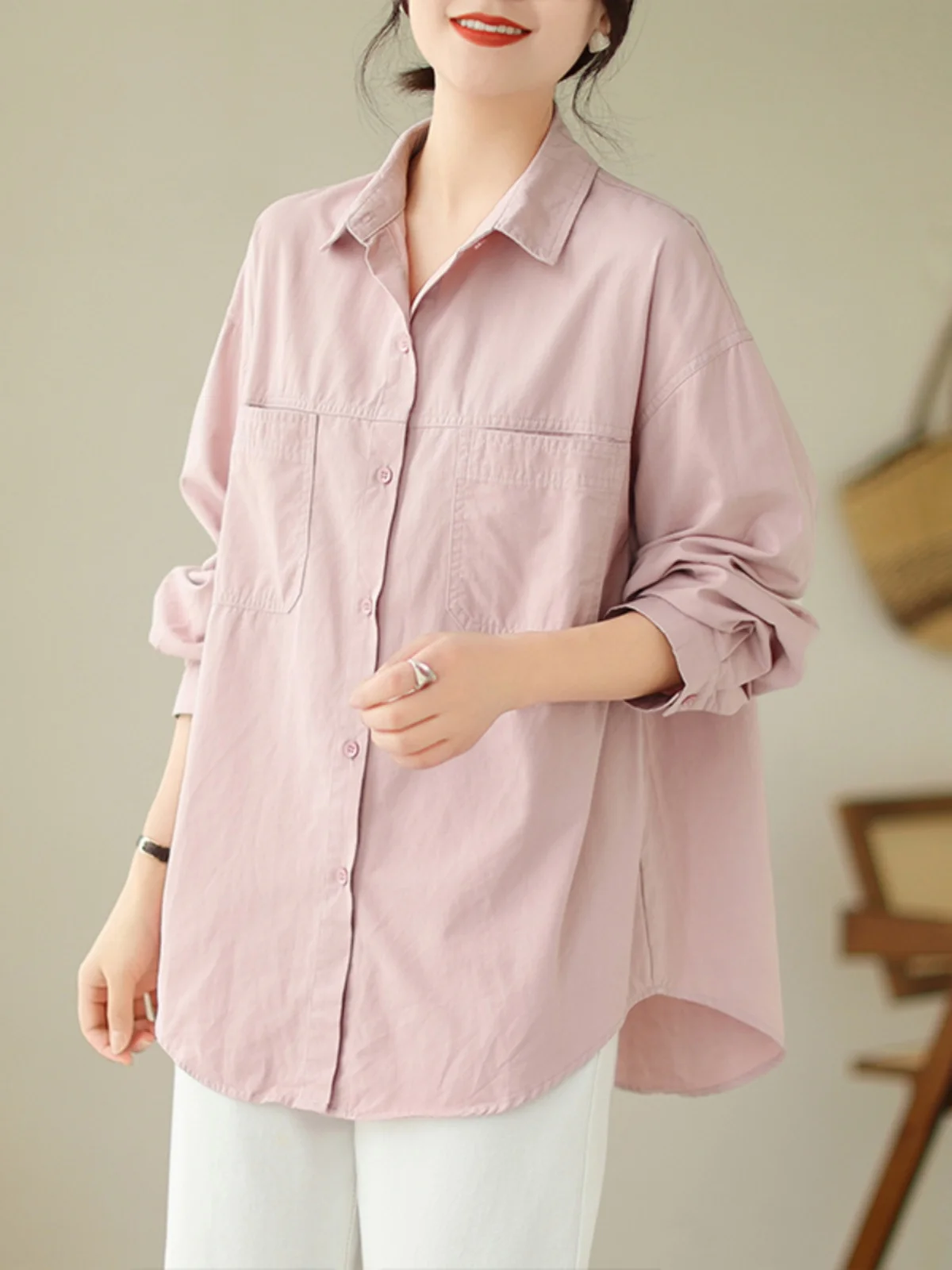 

Осенняя блузка из чистого хлопка с отложным воротником, повседневная, универсальная, свободного кроя, стройнящая, художественная, цветная