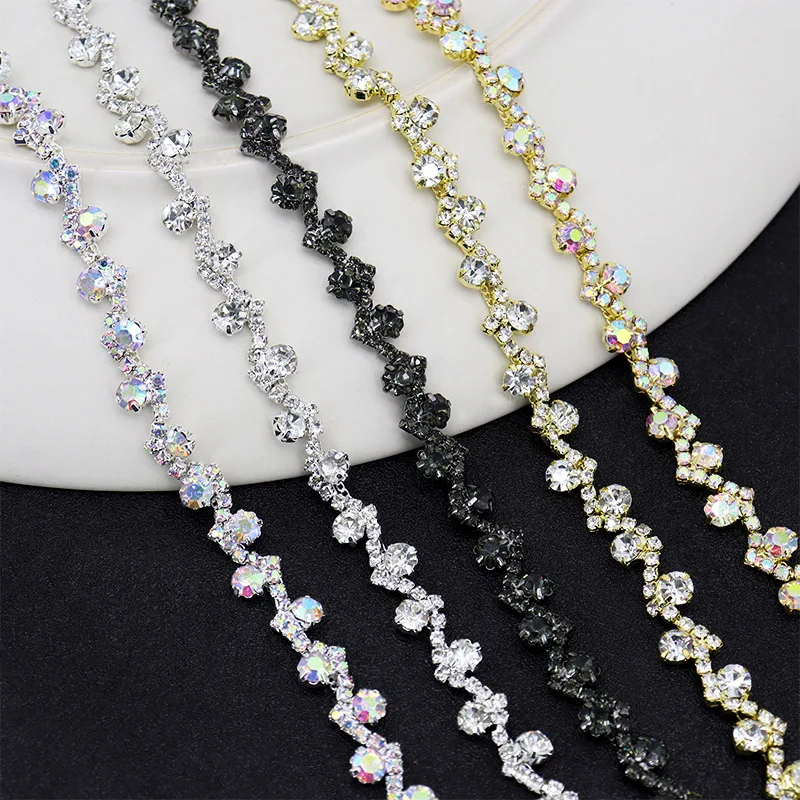 

45CM rhinestone crystal trim sew on denim jeans iron on trim rhinestones for Clothing Accessories DIY Decoration W-shaped fringe