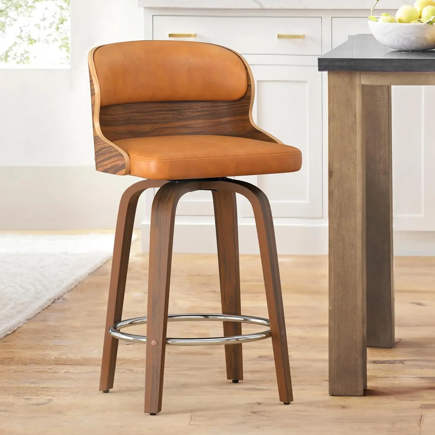 Bar Stools Swivel, Mid Century Modern Bar Stools, 26 Inch Bar Chairs with Solid Back, Walnut Finish and Faux Leather Seat