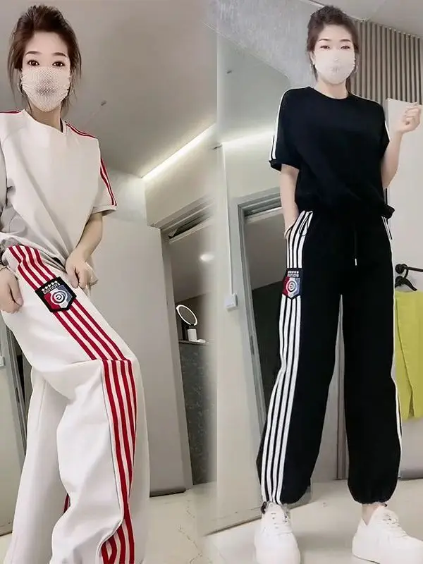

Summer Women's round Neck Short Sleeve T-Shirt And Long Pants Two-Piece Set Loose Fit Fashionable Sweatshirt Sweatpants Sport...