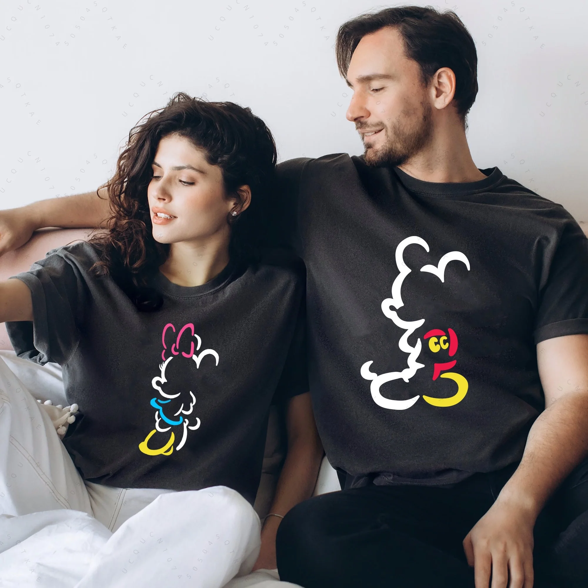 

Мужская футболка с силуэтом Микки, семейная хлопковая футболка с дисневидом для пары, футболка с изображением Микки и эскиза, женский топ с Минни, одежда для родителей и детей