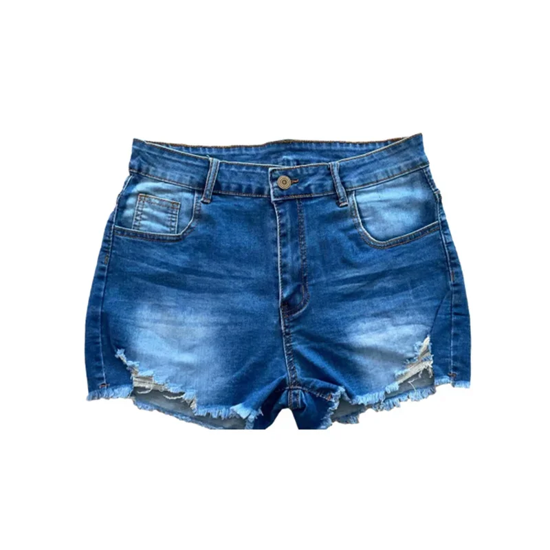 Women Button Splice High Waist Denim Shorts Fashion Broken Holes Tassel Trouser Leg Three Quarter Pants Female Casual Mini Jeans