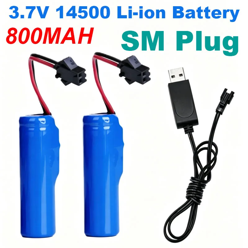 14500 Rechargeable Battery 3.7V 800mAh Lithium Battery with SM Plug USB-SM Charger for Toy Game Controller