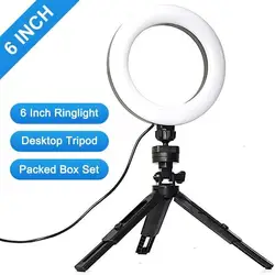 6 Inch Mini Selfie Ring Light Desktop LED Lamp With Tripod Stand USB Plug Dimmable Photography Video Light For YouTuber Vlog