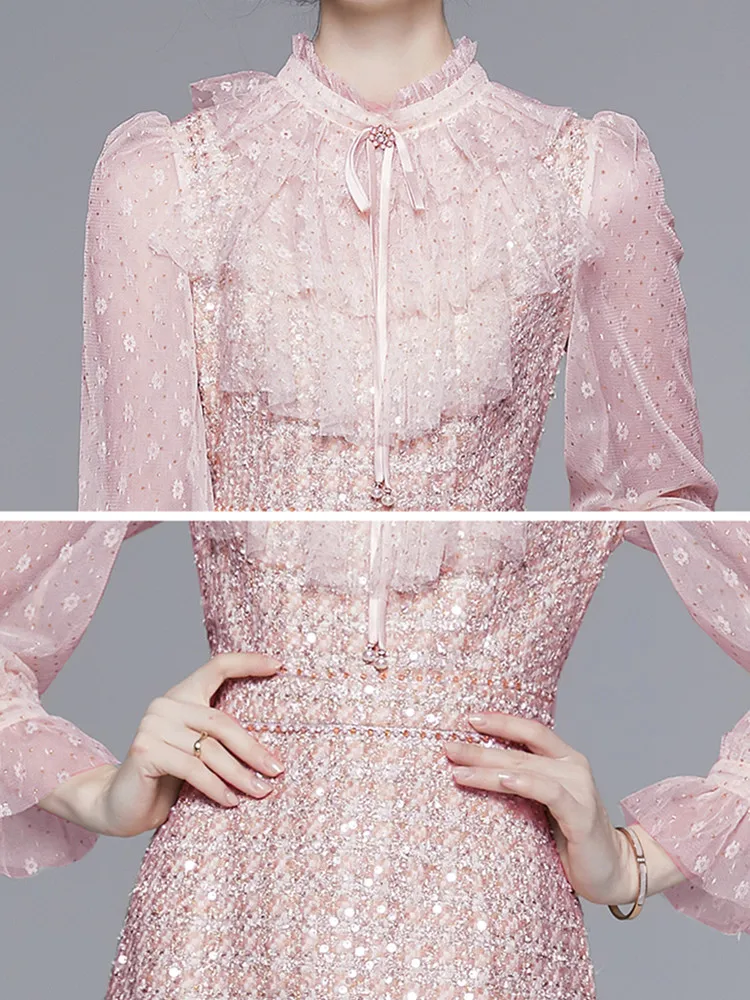 Luxury Celebrity Temperament Tweed Dresses Women Stand Collar Flare Long Sleeve High Waist Patchwork Mesh Sequin Woolen Dress