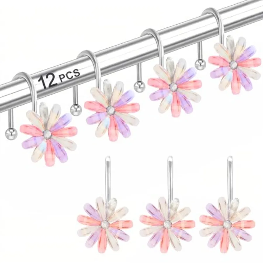 

Shower Curtain Hooks, Rust Resistant Cute Daisy Metal Decorative Shower Rings Hangers Set of 12 for Bathroom Curtains, Clothing