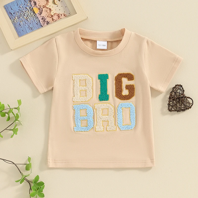 Toddler Boys T-Shirts Fuzzy Letter Embroidery Crew Neck Short Sleeve Shirts Summer Casual Fashion Kids Tops