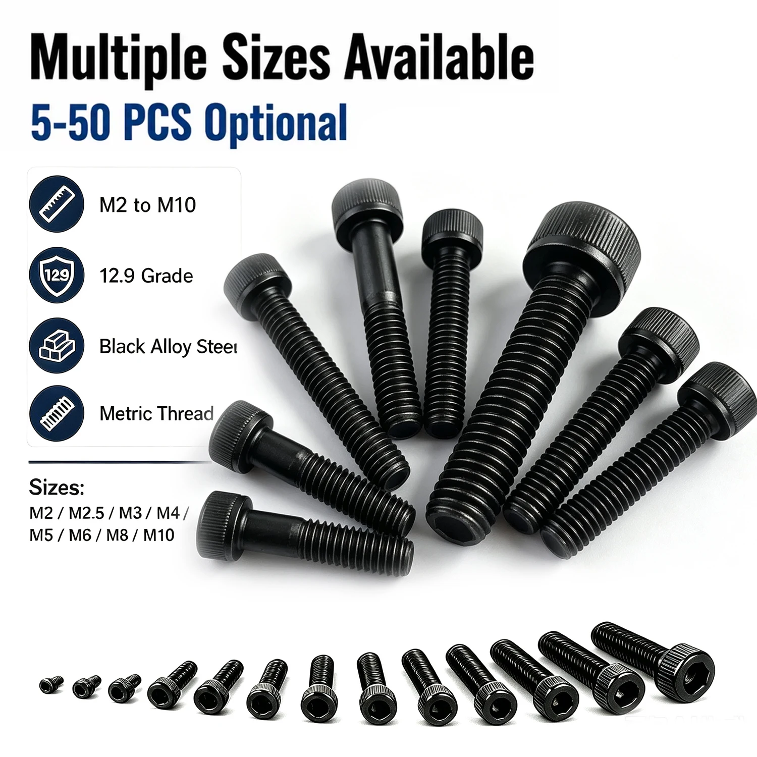 5-50pcs Black Hex Socket Head Caps Bolt Screw M2 M2.5 M3 M4 M5 M6 M8 M10 Grade12.9 Steel Allen Hexagonal Head Screws Leng3-110mm