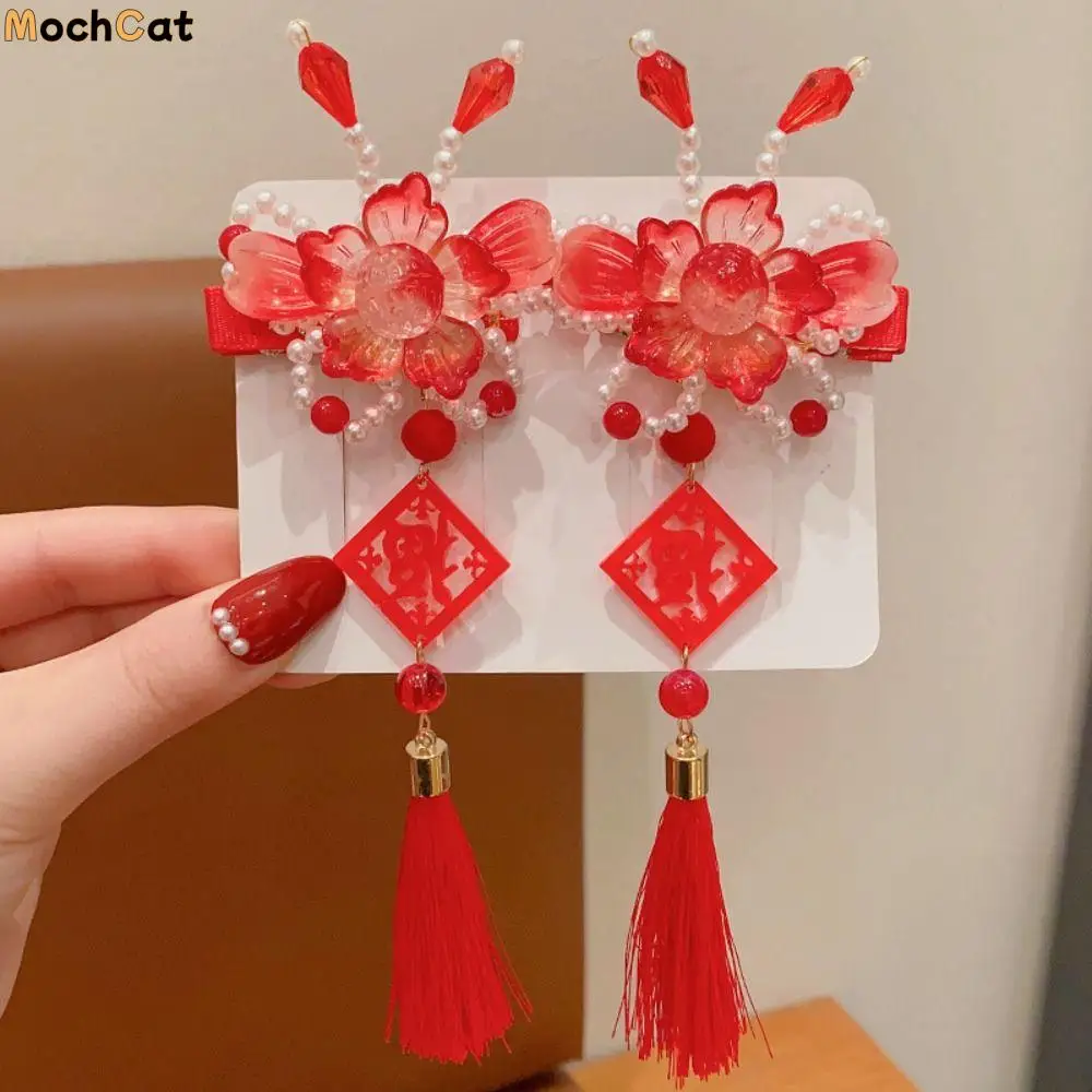 

Детская красная заколка с кисточкой и бантом, китайский новогодний головной убор, костюм Тан, заколка для волос, древний головной убор, заколка для волос в древнем стиле, детская заколка