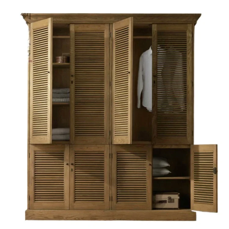 

Exported to France Sandra oak solid wood oversized imitation four doors ancient louver door wardrobe