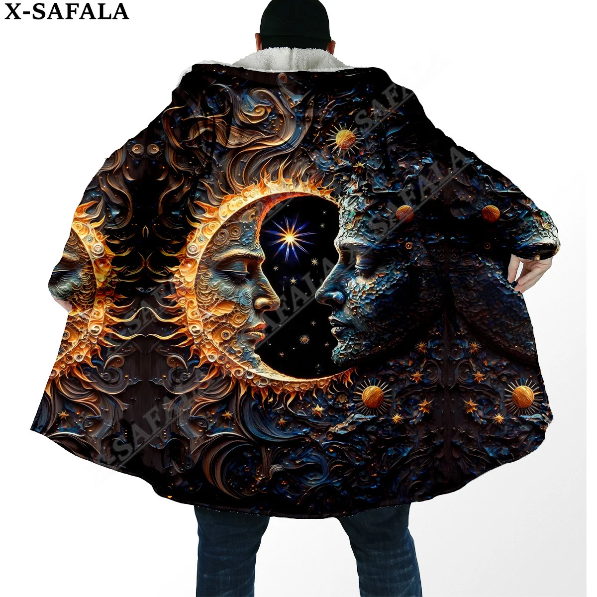 Harmony Sun and Moon Trippy Psychedelic Overcoat Coat 3D Print Thick Warm Hooded Cloak  Men Windproof Fleece Unisex Casual-5